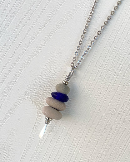 4 Stone Rustic Glass & Beige Stone Large Cairn Necklace - Stainless Steel Beach Stone Necklace - Cairn Pendant - Stacked Rock Necklace