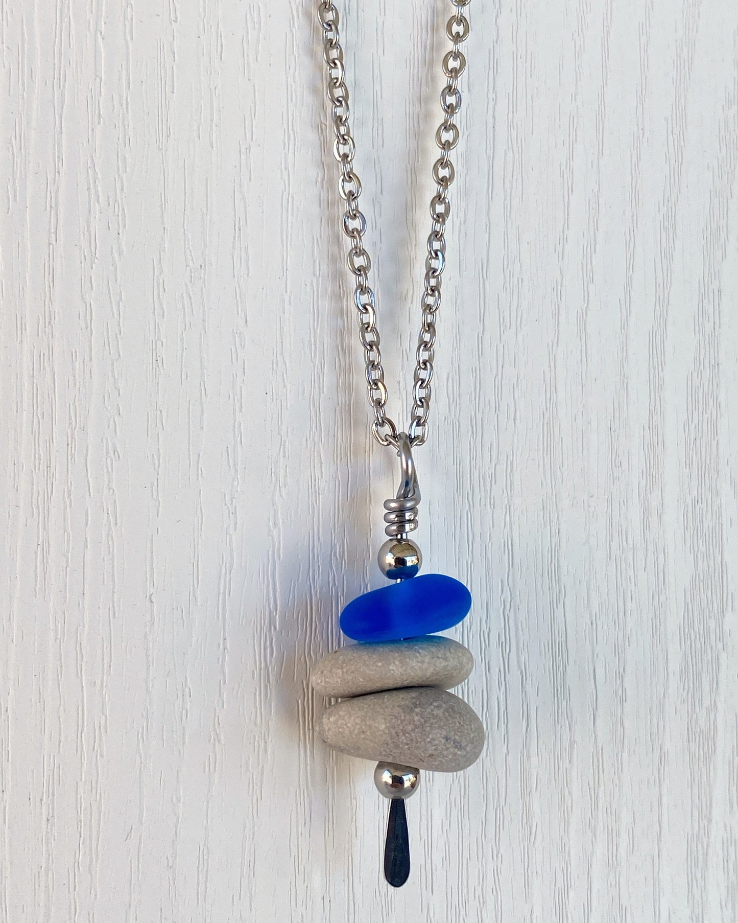 3 Stone Blue Glass & Beige Stone Large Cairn Necklace - Stainless Steel Beach Stone Necklace - Cairn Pendant - Stacked Rock Necklace