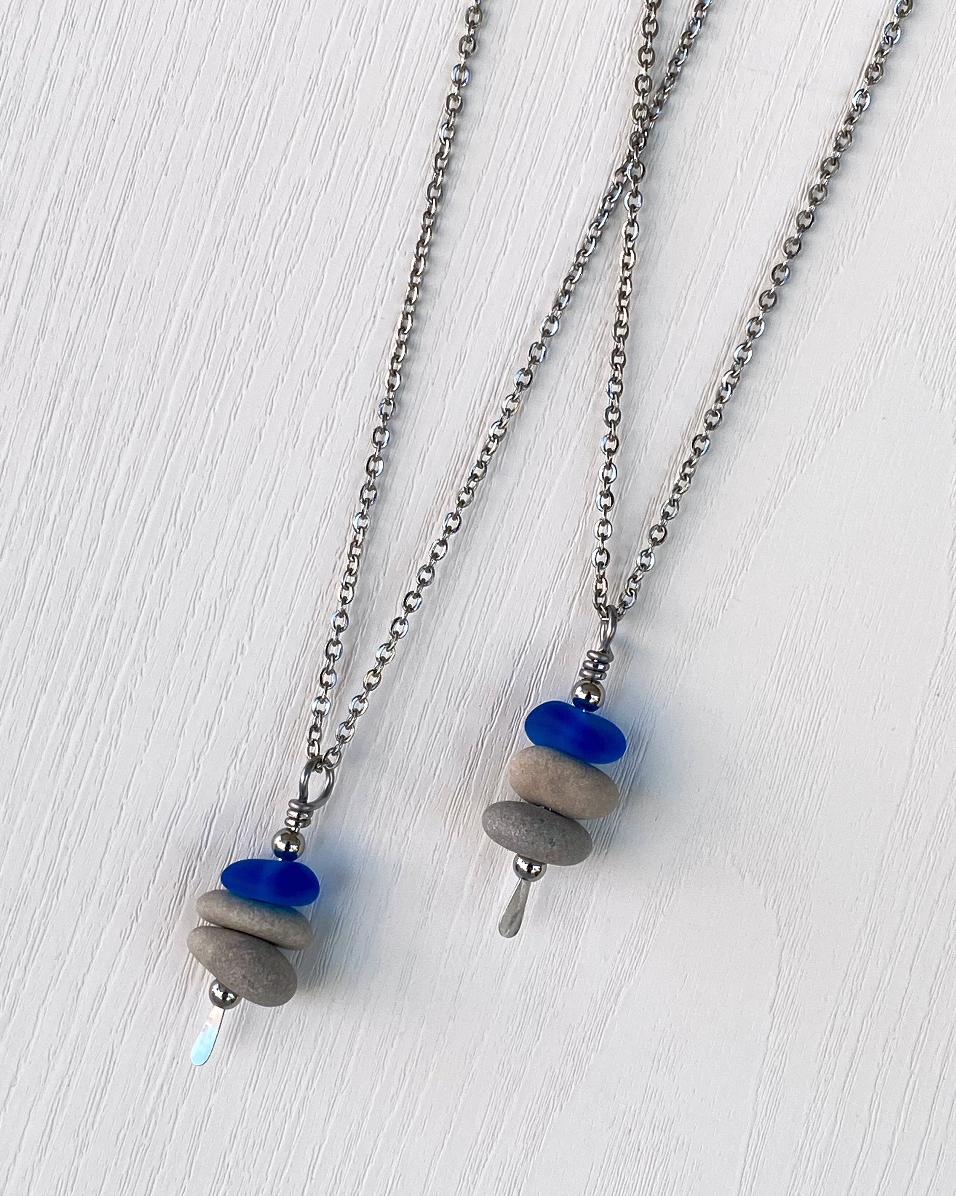3 Stone Blue Glass & Beige Stone Large Cairn Necklace - Stainless Steel Beach Stone Necklace - Cairn Pendant - Stacked Rock Necklace