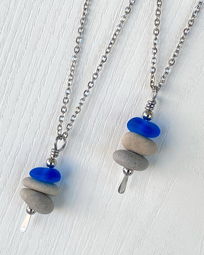 3 Stone Blue Glass & Beige Stone Large Cairn Necklace - Stainless Steel Beach Stone Necklace - Cairn Pendant - Stacked Rock Necklace
