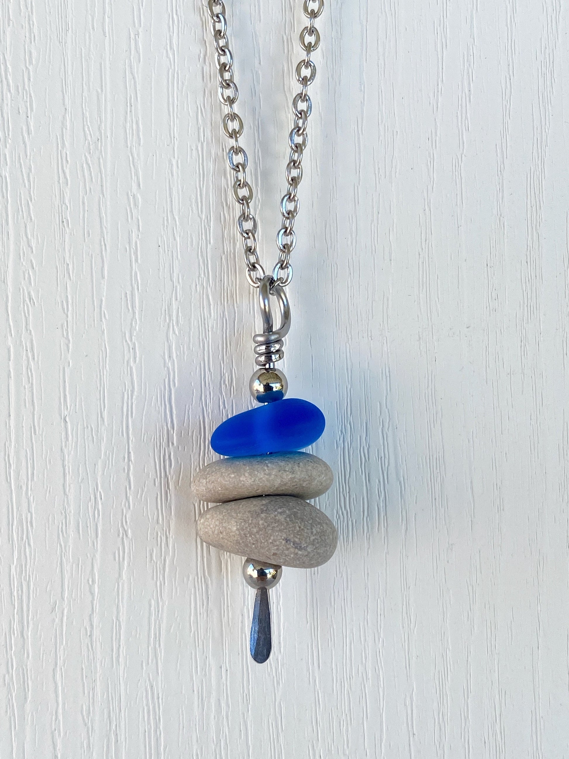 3 Stone Blue Glass & Beige Stone Large Cairn Necklace - Stainless Steel Beach Stone Necklace - Cairn Pendant - Stacked Rock Necklace