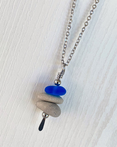 3 Stone Blue Glass & Beige Stone Large Cairn Necklace - Stainless Steel Beach Stone Necklace - Cairn Pendant - Stacked Rock Necklace