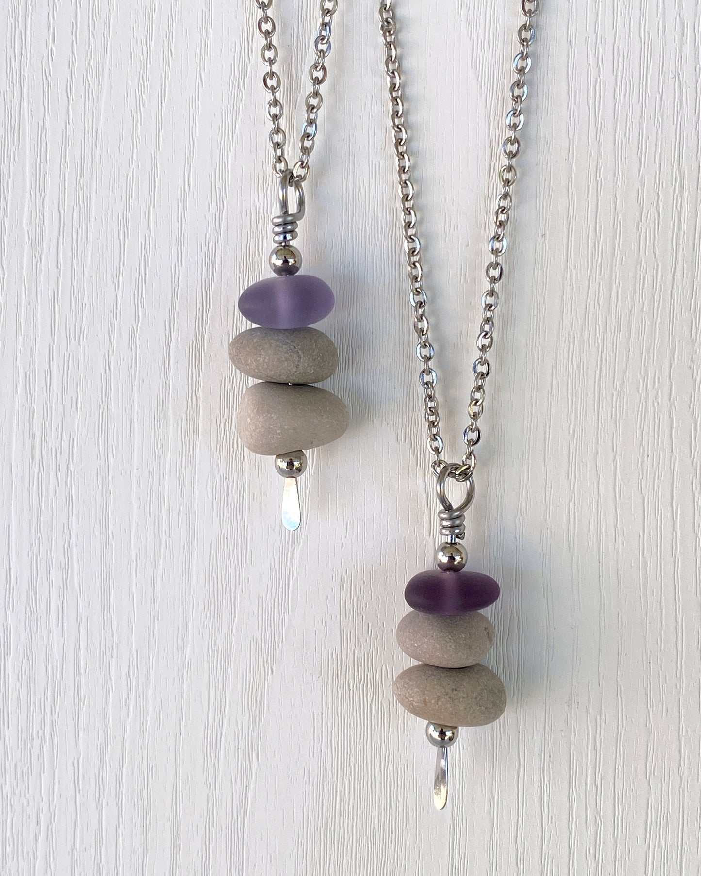 3 Stone Lavender Glass & Beige Stone Large Cairn Necklace - Stainless Steel Beach Stone Necklace - Cairn Pendant - Stacked Rock Necklace