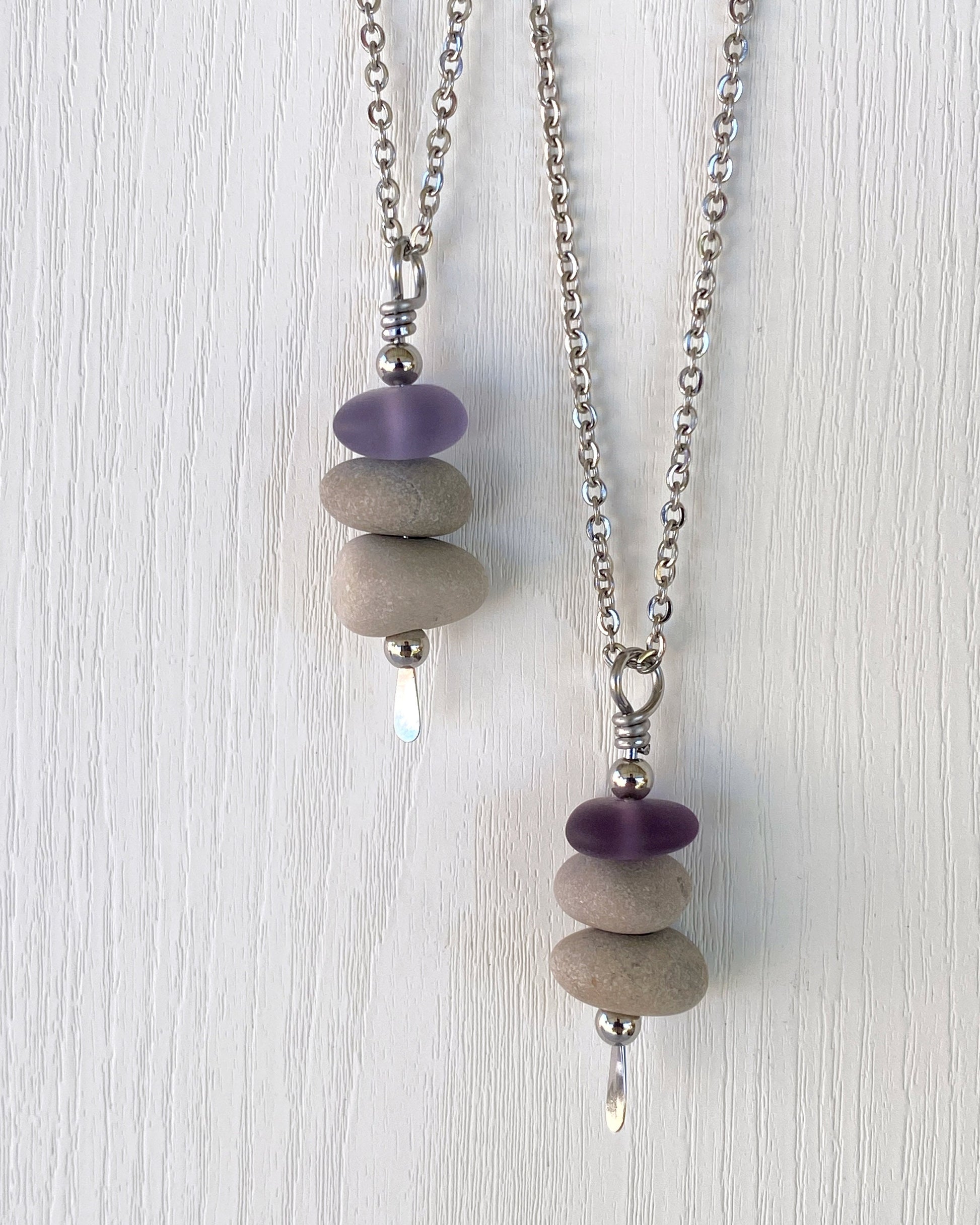 3 Stone Lavender Glass & Beige Stone Large Cairn Necklace - Stainless Steel Beach Stone Necklace - Cairn Pendant - Stacked Rock Necklace