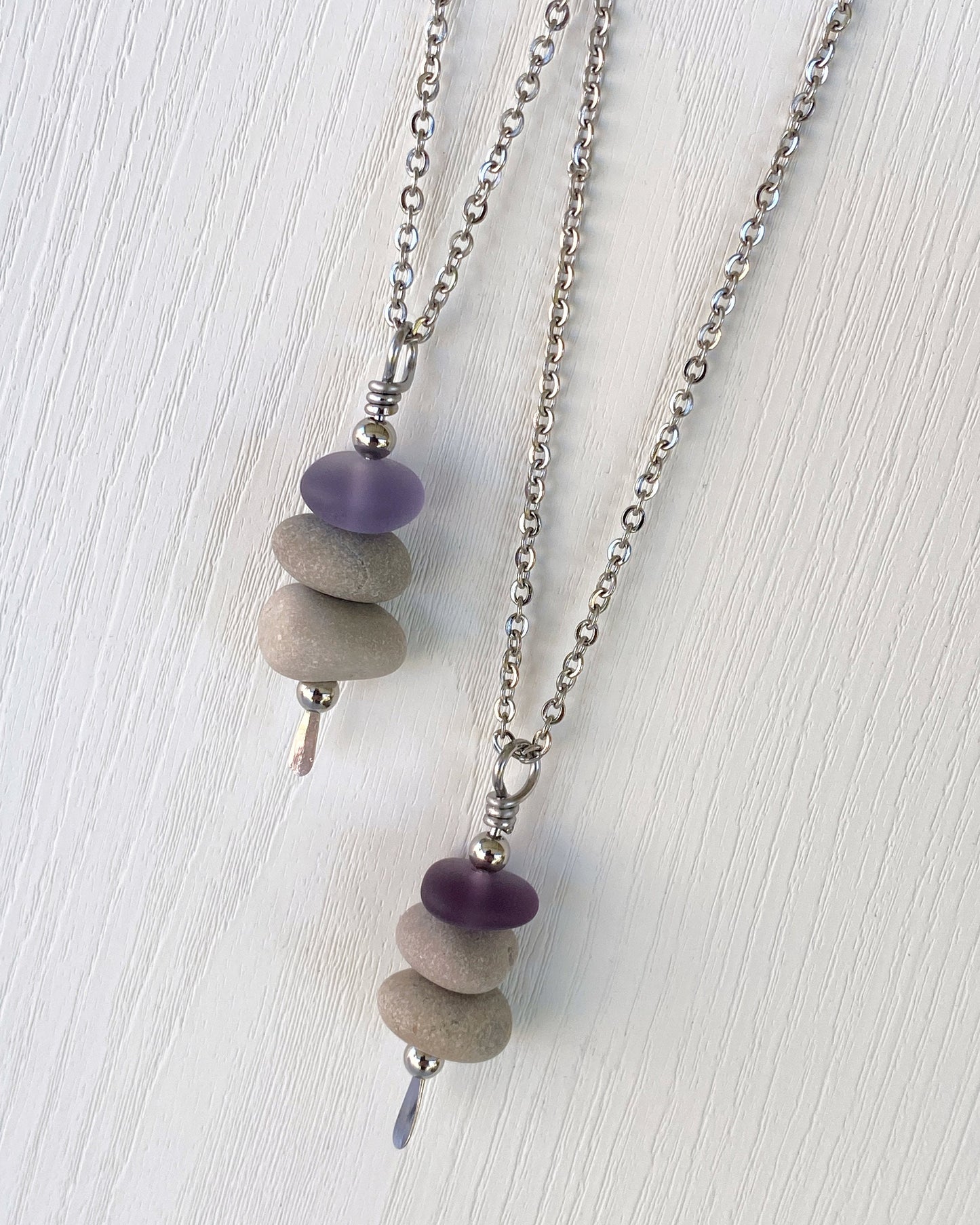 3 Stone Lavender Glass & Beige Stone Large Cairn Necklace - Stainless Steel Beach Stone Necklace - Cairn Pendant - Stacked Rock Necklace