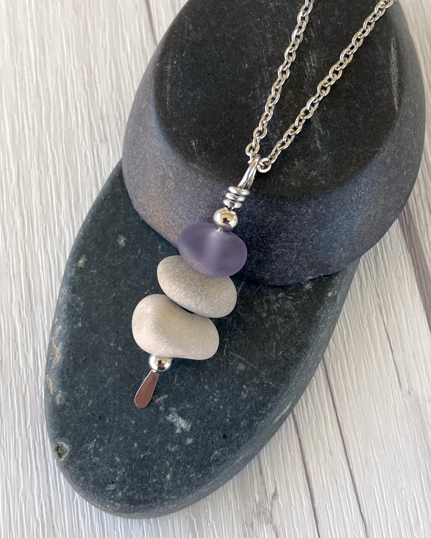 3 Stone Lavender Glass & Beige Stone Large Cairn Necklace - Stainless Steel Beach Stone Necklace - Cairn Pendant - Stacked Rock Necklace