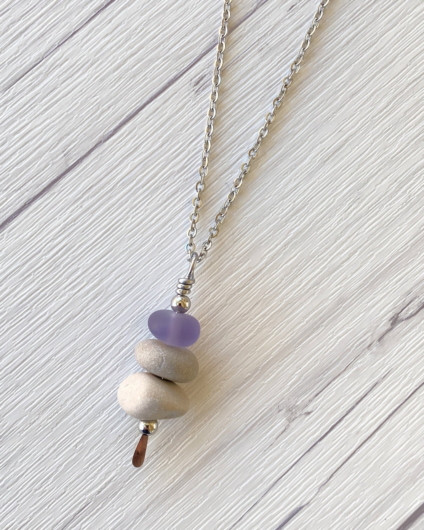 3 Stone Lavender Glass & Beige Stone Large Cairn Necklace - Stainless Steel Beach Stone Necklace - Cairn Pendant - Stacked Rock Necklace