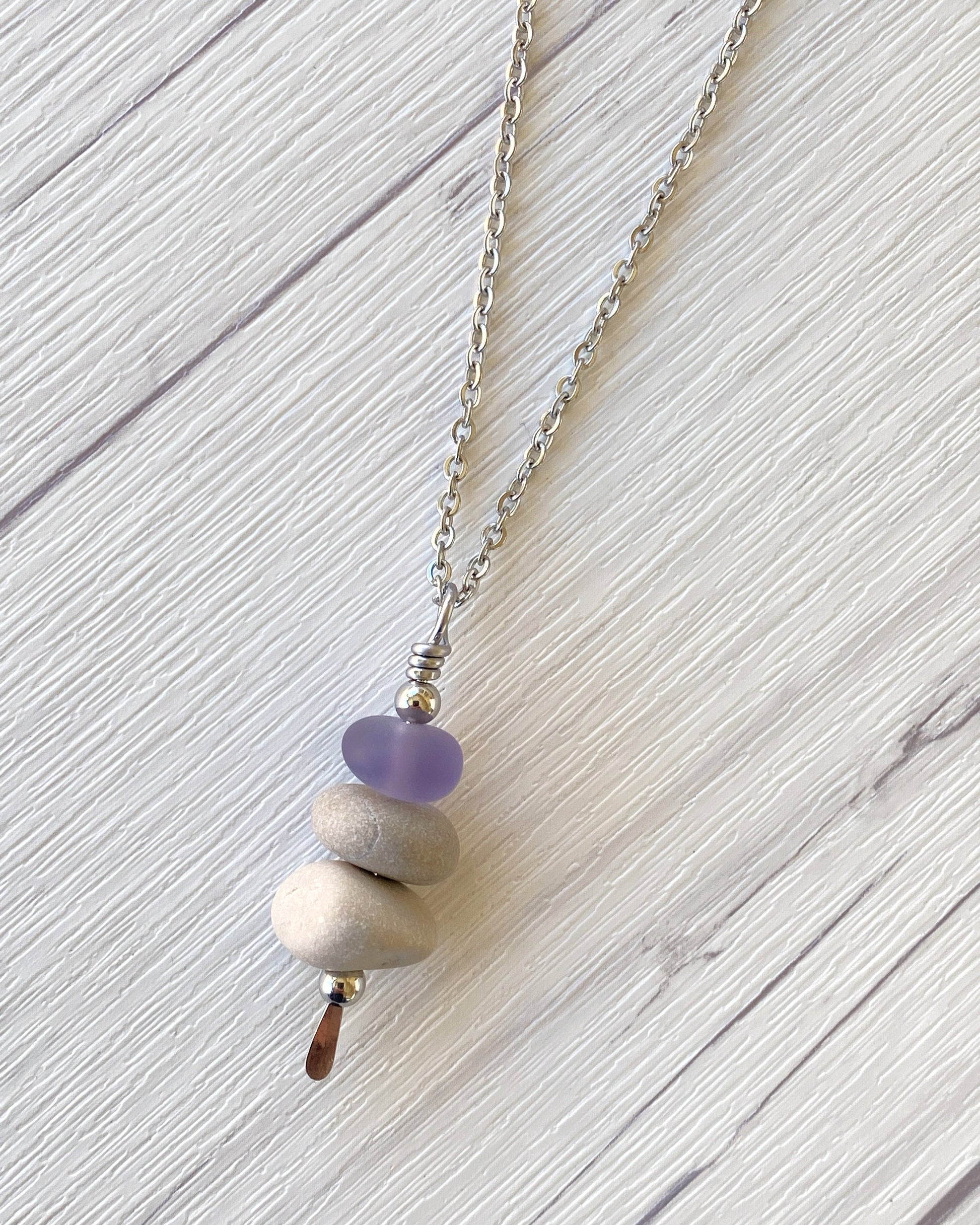 3 Stone Lavender Glass & Beige Stone Large Cairn Necklace - Stainless Steel Beach Stone Necklace - Cairn Pendant - Stacked Rock Necklace