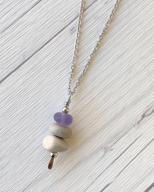 3 Stone Lavender Glass & Beige Stone Large Cairn Necklace - Stainless Steel Beach Stone Necklace - Cairn Pendant - Stacked Rock Necklace