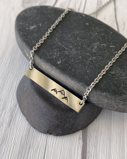 Simple Mountains Bar Necklace - Minimalist Mountain Necklace - Stainless Steel Stamped Peaks Bar Necklace - 3 Peaks Necklace