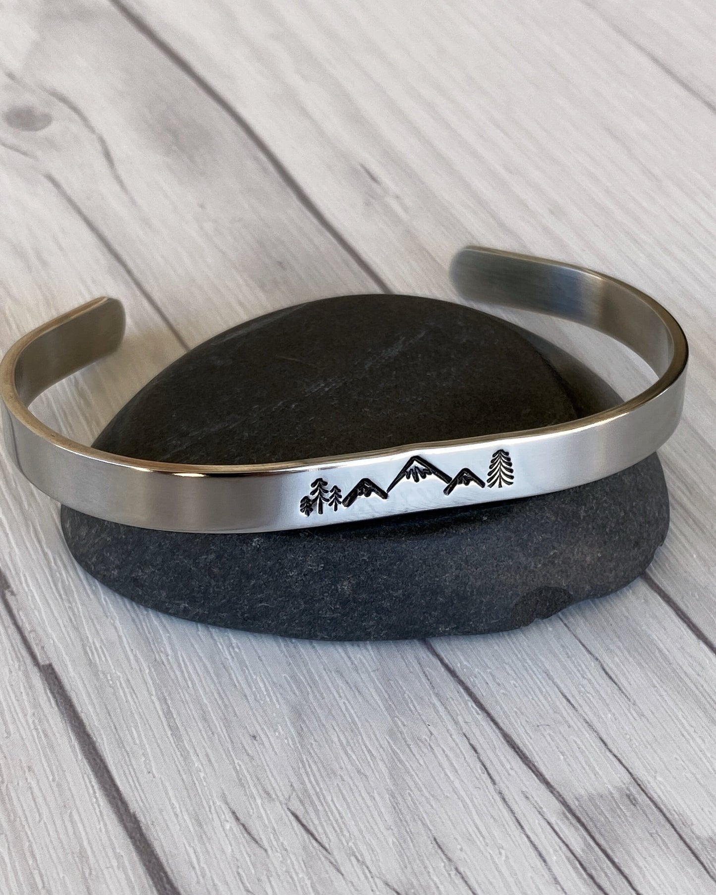 Mountain & Pines Stainless Steel Cuff Bracelet - Mountain Bangle Bracelet - Mountain Silver Bracelet - 3 Peaks Bracelet - Hiker Camper Gift