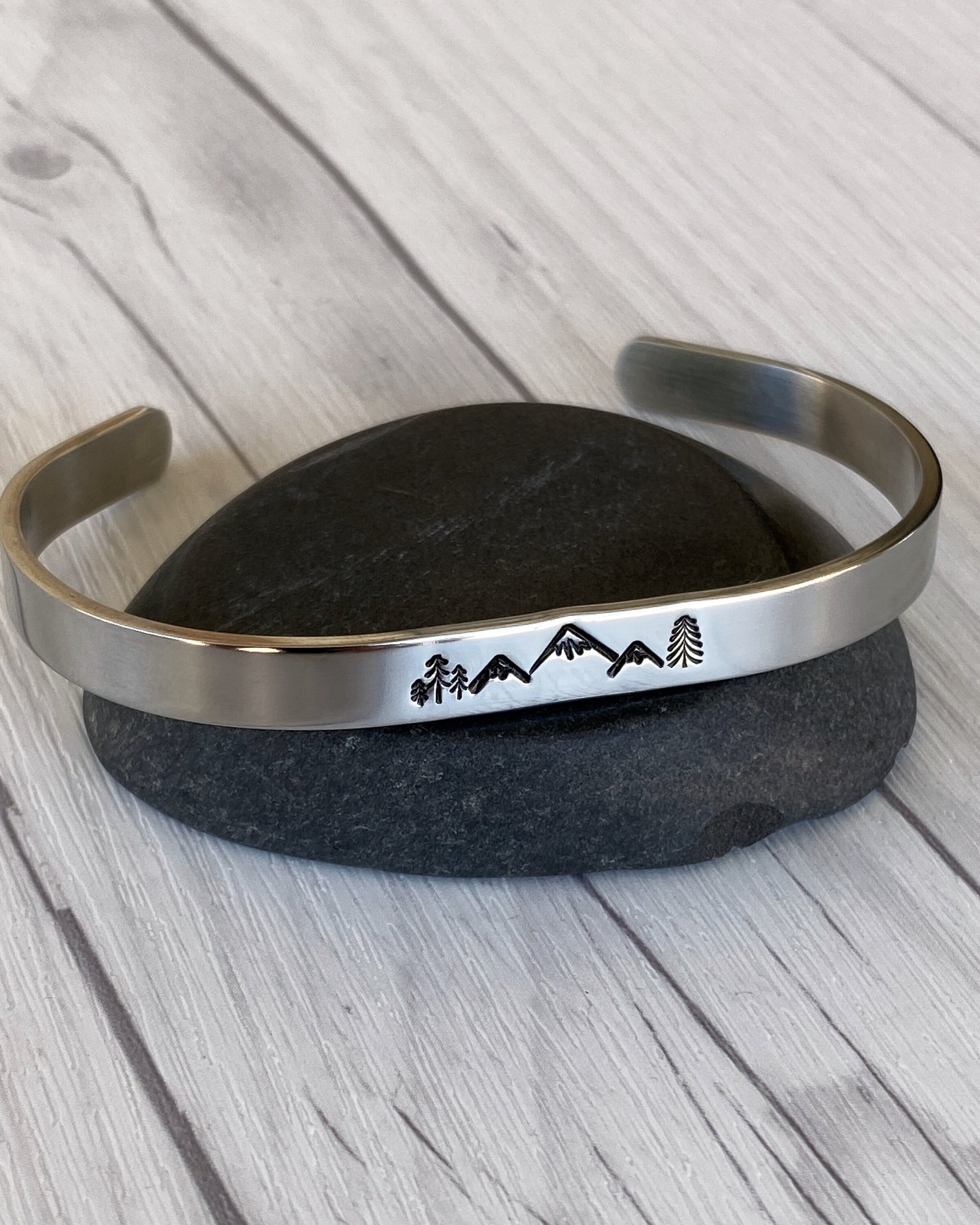 Mountain & Pines Stainless Steel Cuff Bracelet - Mountain Bangle Bracelet - Mountain Silver Bracelet - 3 Peaks Bracelet - Hiker Camper Gift
