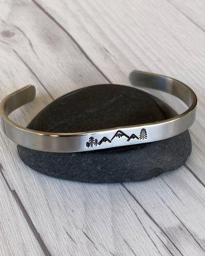 Mountain & Pines Stainless Steel Cuff Bracelet - Mountain Bangle Bracelet - Mountain Silver Bracelet - 3 Peaks Bracelet - Hiker Camper Gift