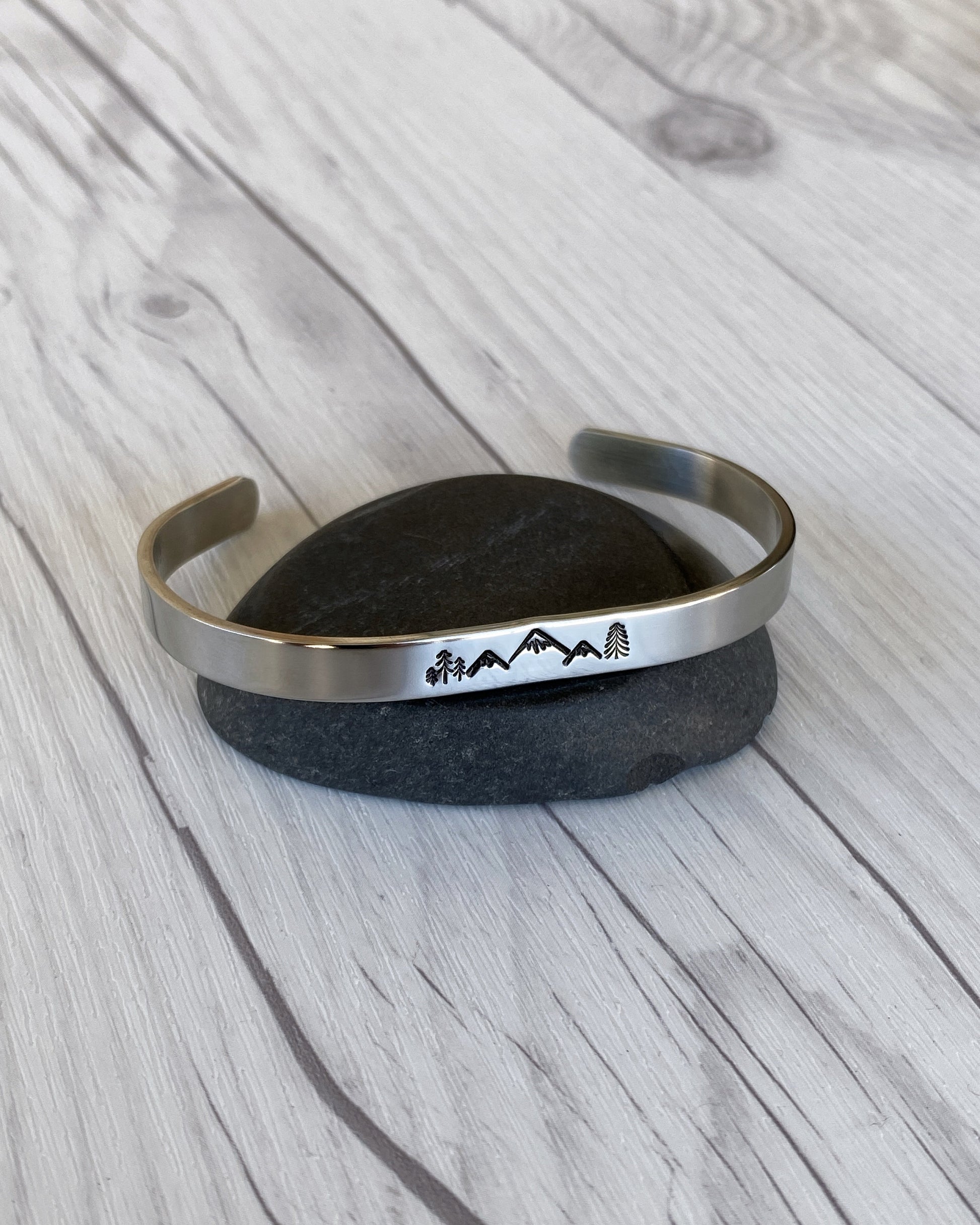 Mountain & Pines Stainless Steel Cuff Bracelet - Mountain Bangle Bracelet - Mountain Silver Bracelet - 3 Peaks Bracelet - Hiker Camper Gift