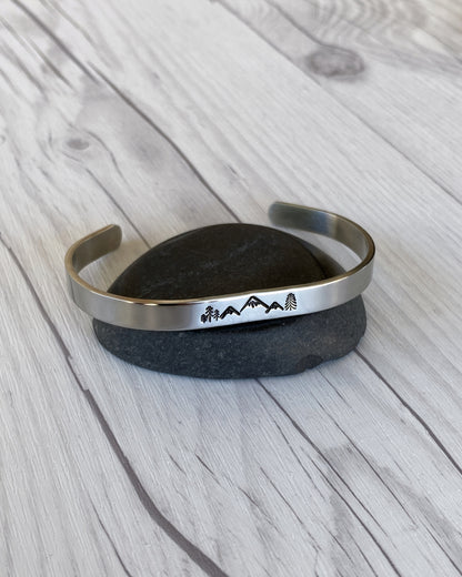 Mountain & Pines Stainless Steel Cuff Bracelet - Mountain Bangle Bracelet - Mountain Silver Bracelet - 3 Peaks Bracelet - Hiker Camper Gift