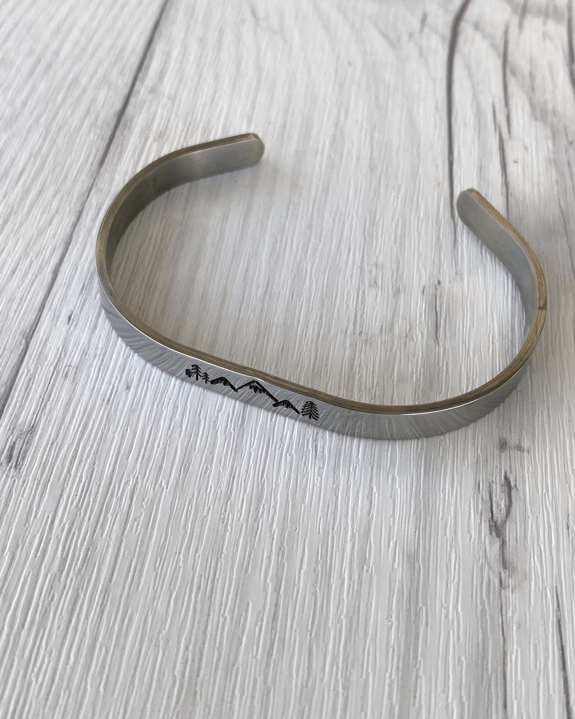 Mountain & Pines Stainless Steel Cuff Bracelet - Mountain Bangle Bracelet - Mountain Silver Bracelet - 3 Peaks Bracelet - Hiker Camper Gift