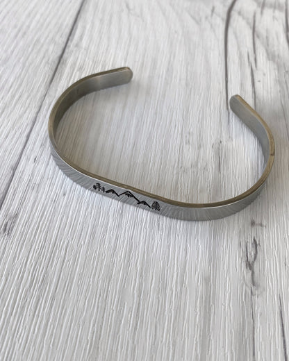 Mountain & Pines Stainless Steel Cuff Bracelet - Mountain Bangle Bracelet - Mountain Silver Bracelet - 3 Peaks Bracelet - Hiker Camper Gift