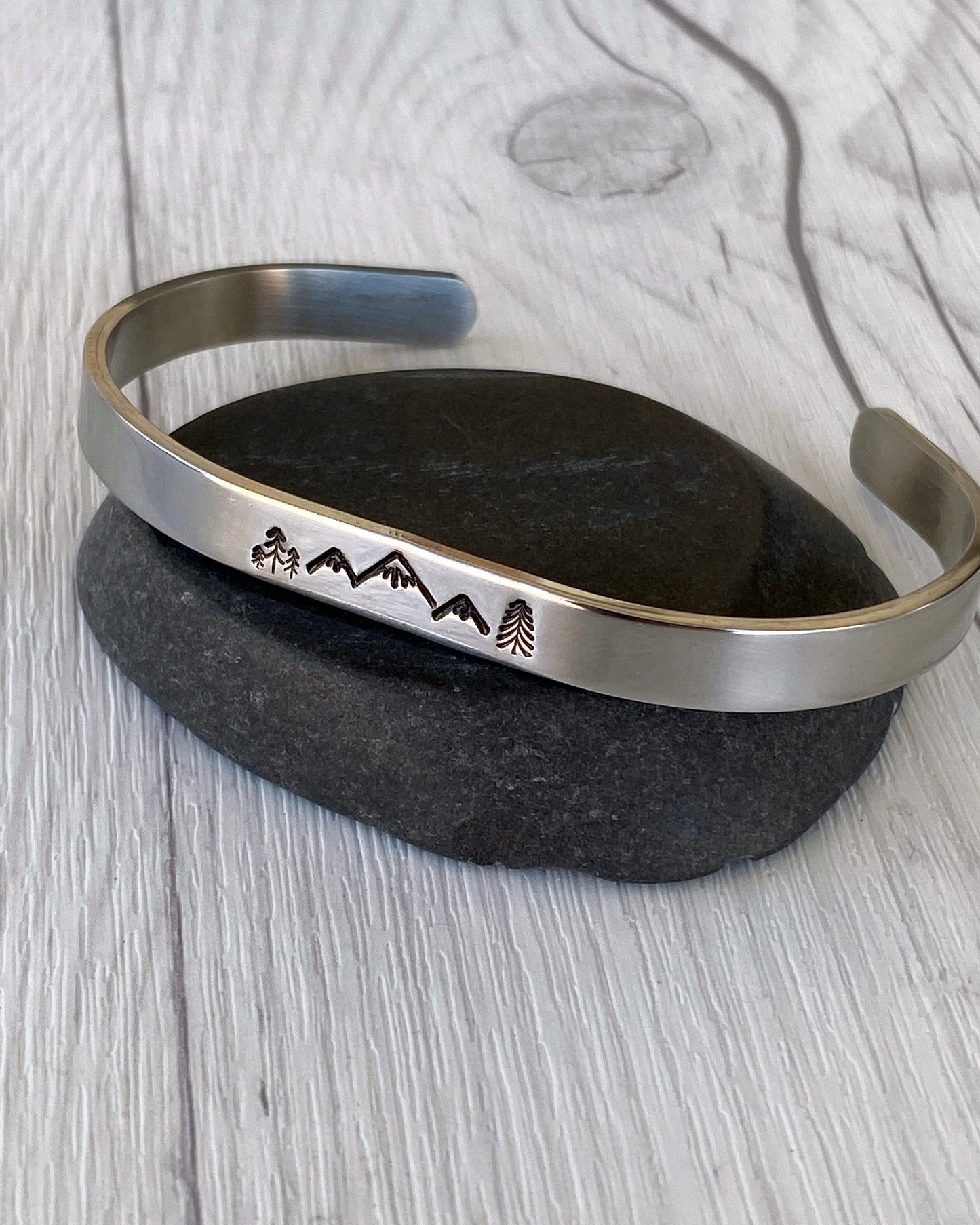 Mountain & Pines Stainless Steel Cuff Bracelet - Mountain Bangle Bracelet - Mountain Silver Bracelet - 3 Peaks Bracelet - Hiker Camper Gift
