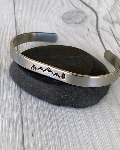 Mountain & Pines Stainless Steel Cuff Bracelet - Mountain Bangle Bracelet - Mountain Silver Bracelet - 3 Peaks Bracelet - Hiker Camper Gift