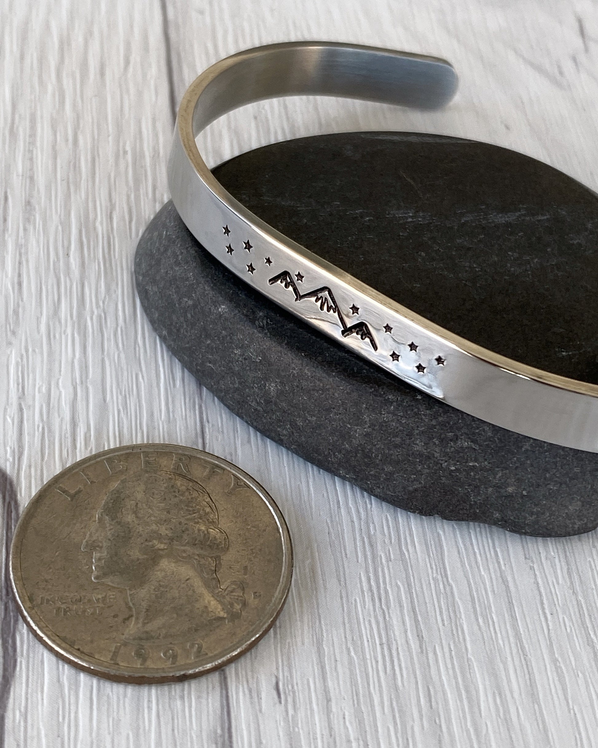 Mountains & Stars Stainless Steel Cuff Bracelet - Mountain Night Bracelet - Mountain Silver Bracelet - 3 Peaks Bracelet - Hiker Camper Gift
