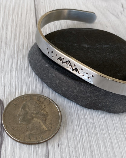 Mountains & Stars Stainless Steel Cuff Bracelet - Mountain Night Bracelet - Mountain Silver Bracelet - 3 Peaks Bracelet - Hiker Camper Gift