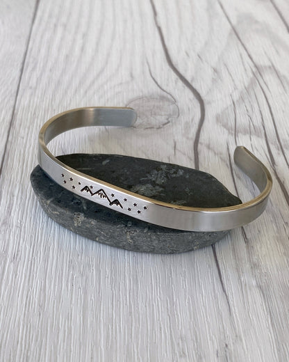 Mountains & Stars Stainless Steel Cuff Bracelet - Mountain Night Bracelet - Mountain Silver Bracelet - 3 Peaks Bracelet - Hiker Camper Gift