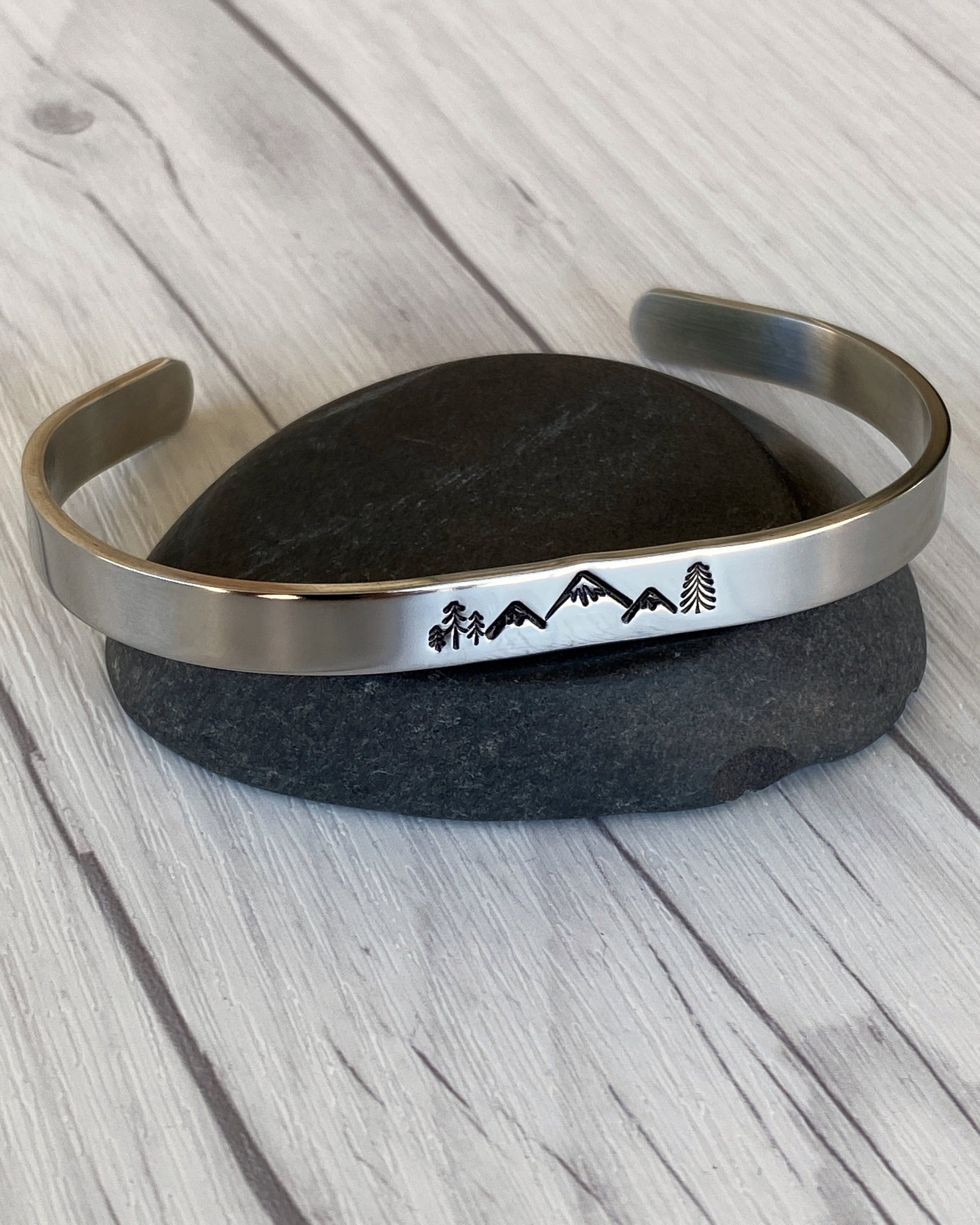 Mountain & Pines Stainless Steel Cuff Bracelet - Mountain Bangle Bracelet - Mountain Silver Bracelet - 3 Peaks Bracelet - Hiker Camper Gift