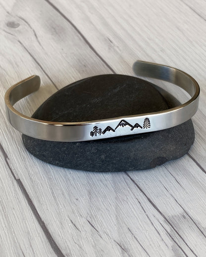 Mountain & Pines Stainless Steel Cuff Bracelet - Mountain Bangle Bracelet - Mountain Silver Bracelet - 3 Peaks Bracelet - Hiker Camper Gift