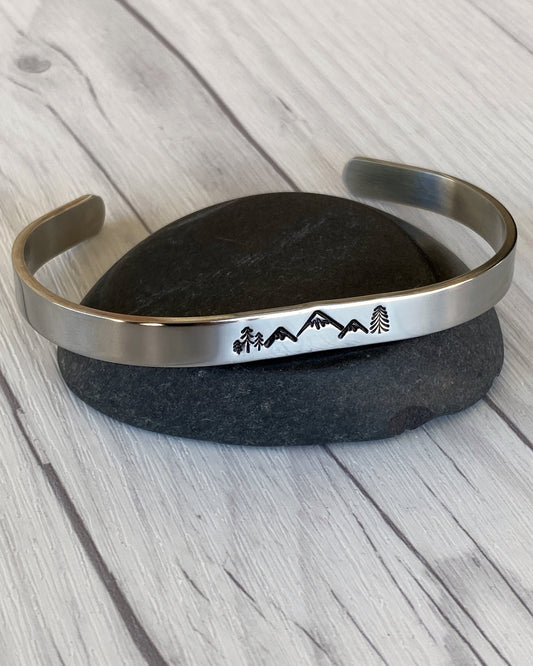 Mountain & Pines Stainless Steel Cuff Bracelet - Mountain Bangle Bracelet - Mountain Silver Bracelet - 3 Peaks Bracelet - Hiker Camper Gift