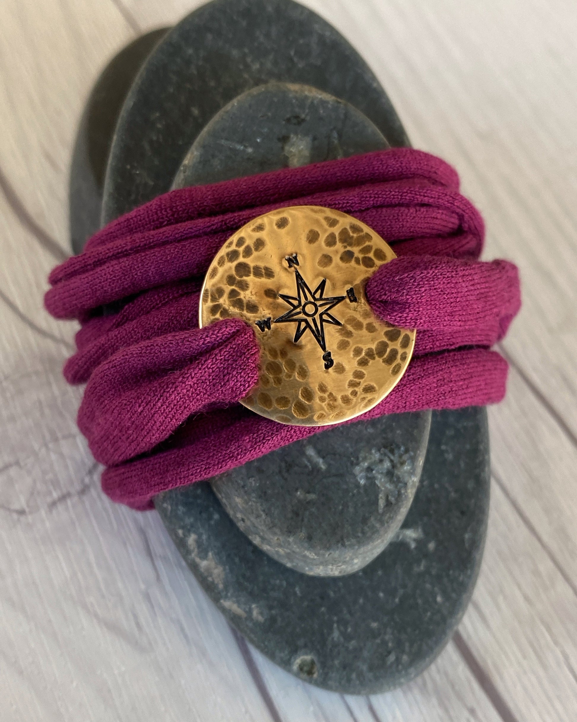 Bronze Compass Rose Maroon Wrap Bracelet - Rustic Compass Travel Bracelet - T Shirt Bracelet - Tattoo Cover - Cuff Bracelet - Wrap Bracelet