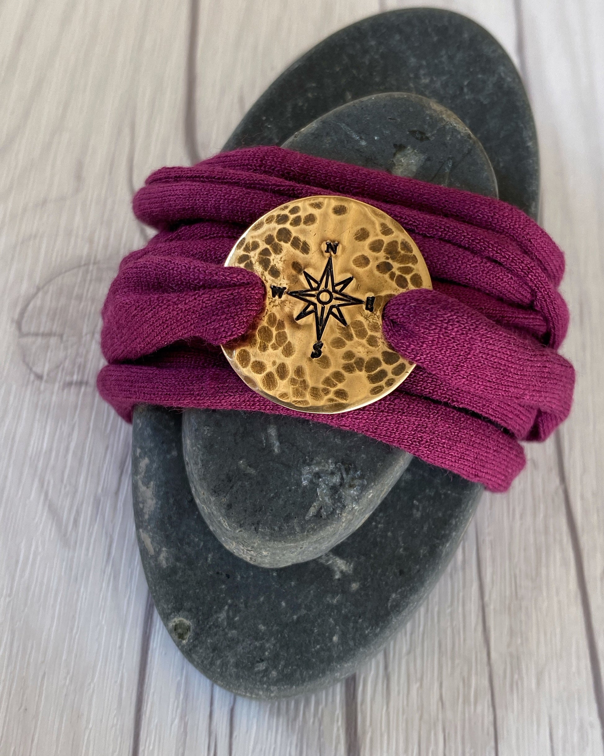 Bronze Compass Rose Maroon Wrap Bracelet - Rustic Compass Travel Bracelet - T Shirt Bracelet - Tattoo Cover - Cuff Bracelet - Wrap Bracelet