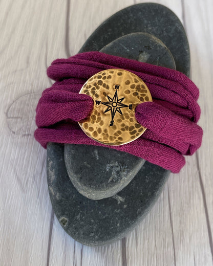 Bronze Compass Rose Maroon Wrap Bracelet - Rustic Compass Travel Bracelet - T Shirt Bracelet - Tattoo Cover - Cuff Bracelet - Wrap Bracelet