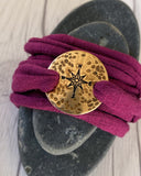 Bronze Compass Rose Maroon Wrap Bracelet - Rustic Compass Travel Bracelet - T Shirt Bracelet - Tattoo Cover - Cuff Bracelet - Wrap Bracelet