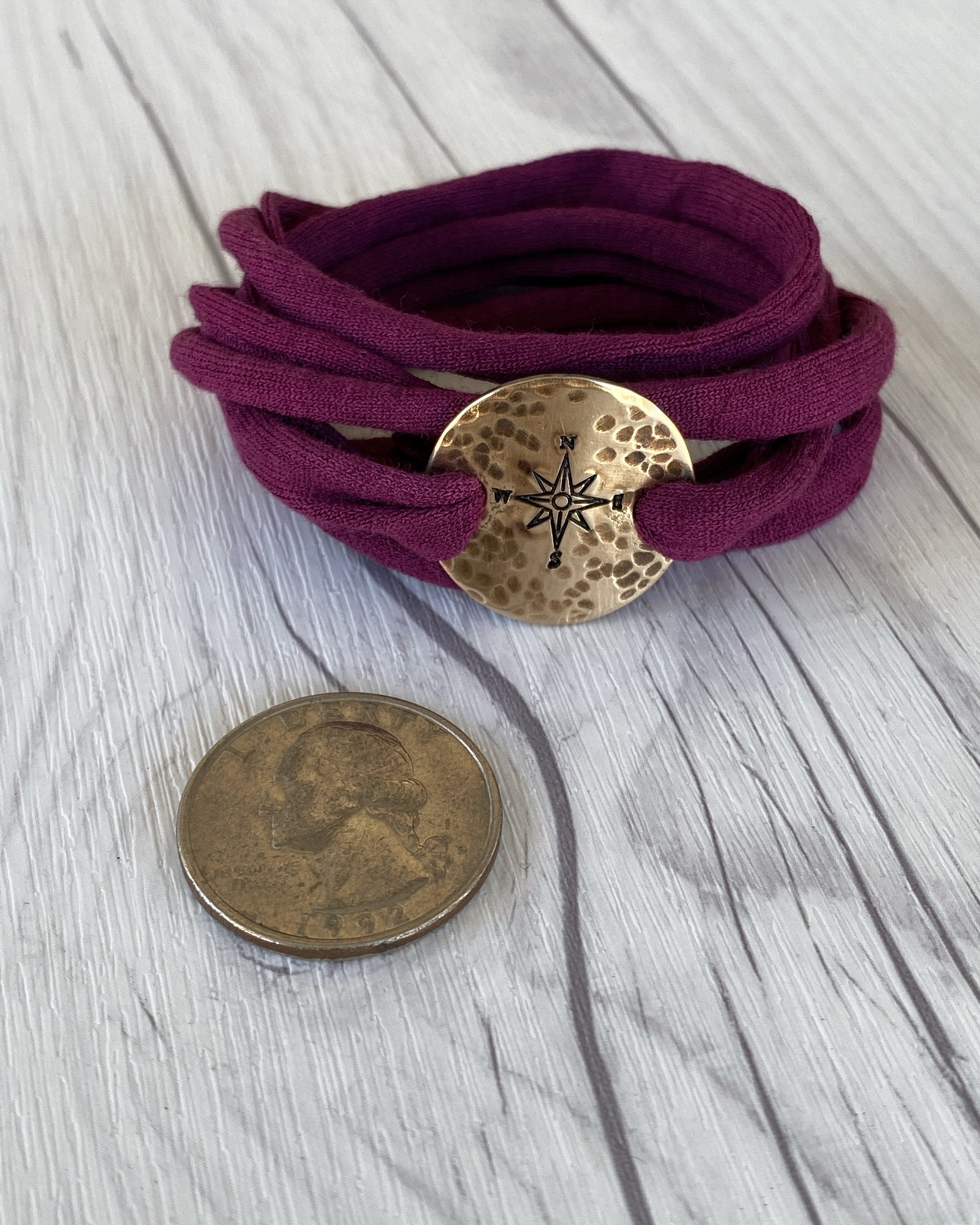 Bronze Compass Rose Maroon Wrap Bracelet - Rustic Compass Travel Bracelet - T Shirt Bracelet - Tattoo Cover - Cuff Bracelet - Wrap Bracelet