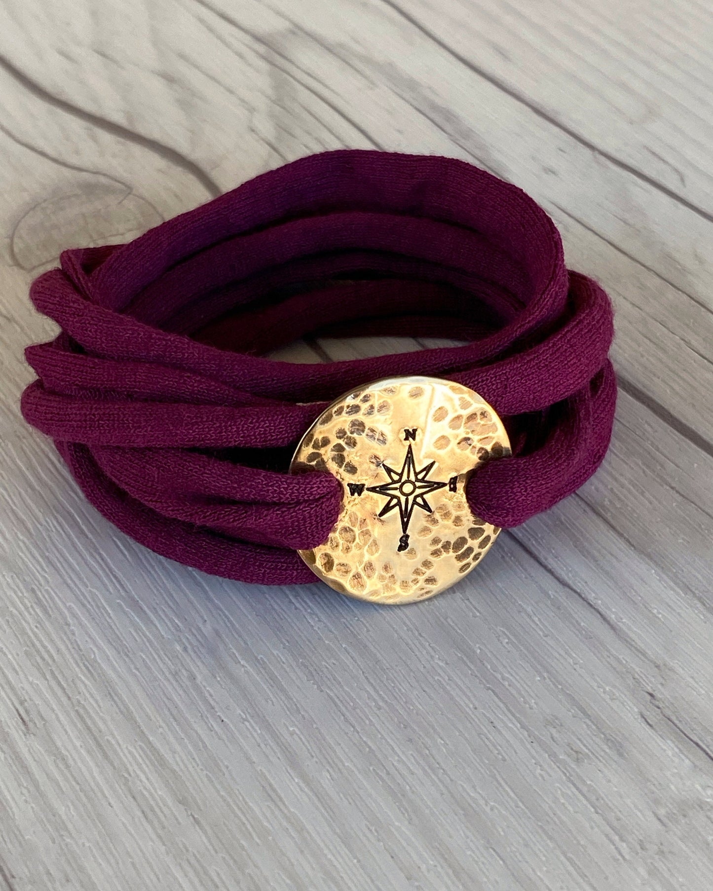 Bronze Compass Rose Maroon Wrap Bracelet - Rustic Compass Travel Bracelet - T Shirt Bracelet - Tattoo Cover - Cuff Bracelet - Wrap Bracelet