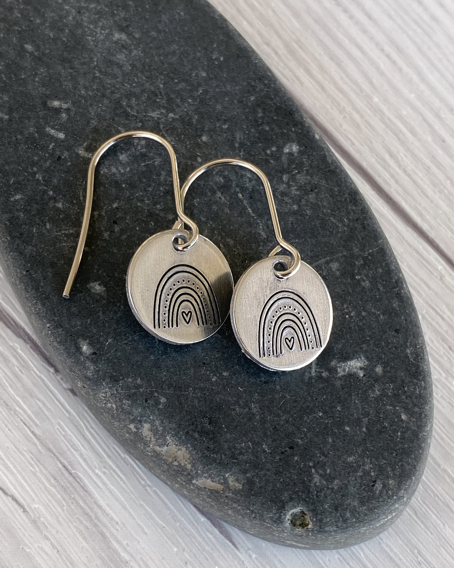 Ellie B's Creations - Silver Round Rainbow Earrings - Hand Stamped Rainbow Earrings - Rainbow Textured Earrings - Rainbow Jewelry