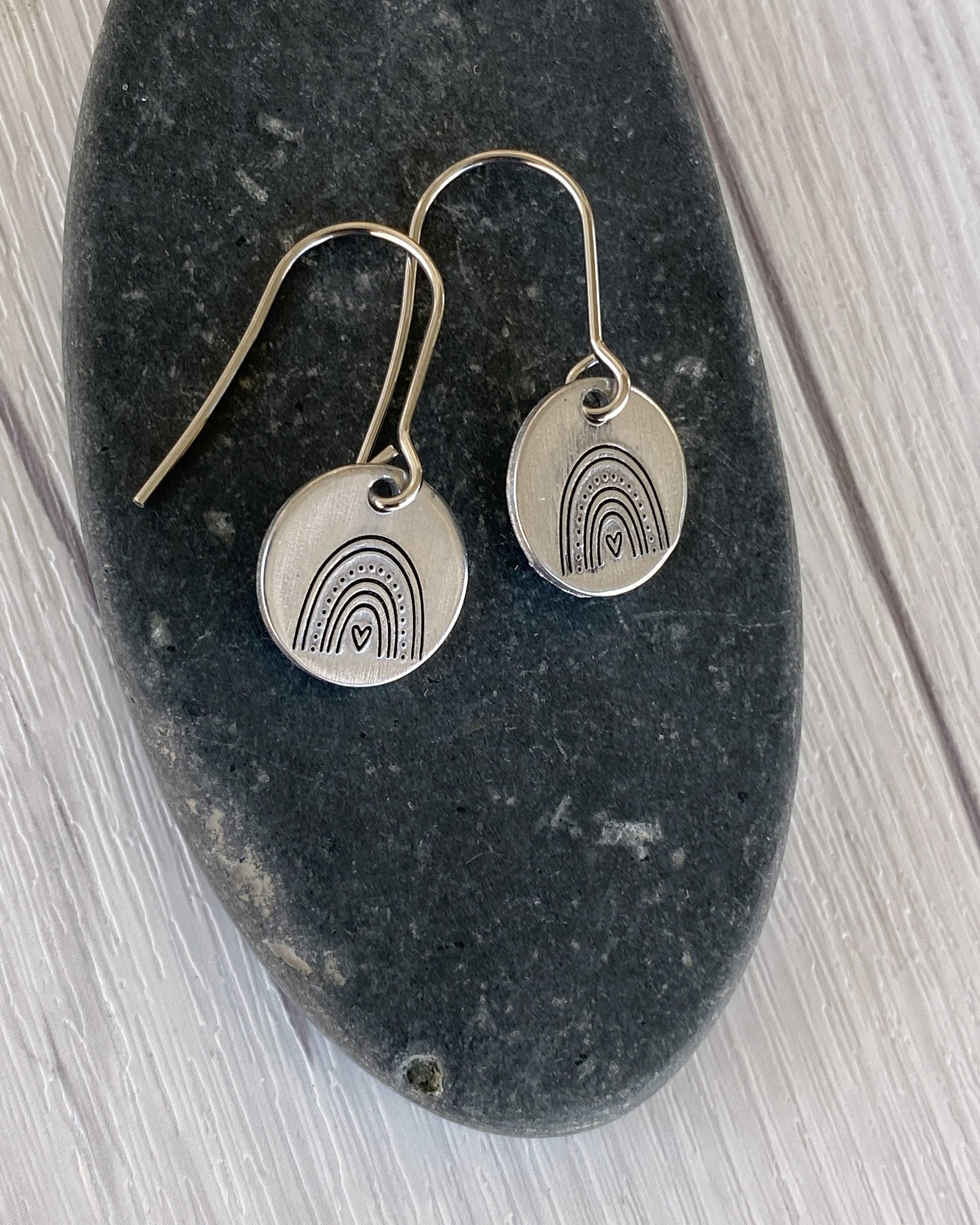 Ellie B's Creations - Silver Round Rainbow Earrings - Hand Stamped Rainbow Earrings - Rainbow Textured Earrings - Rainbow Jewelry
