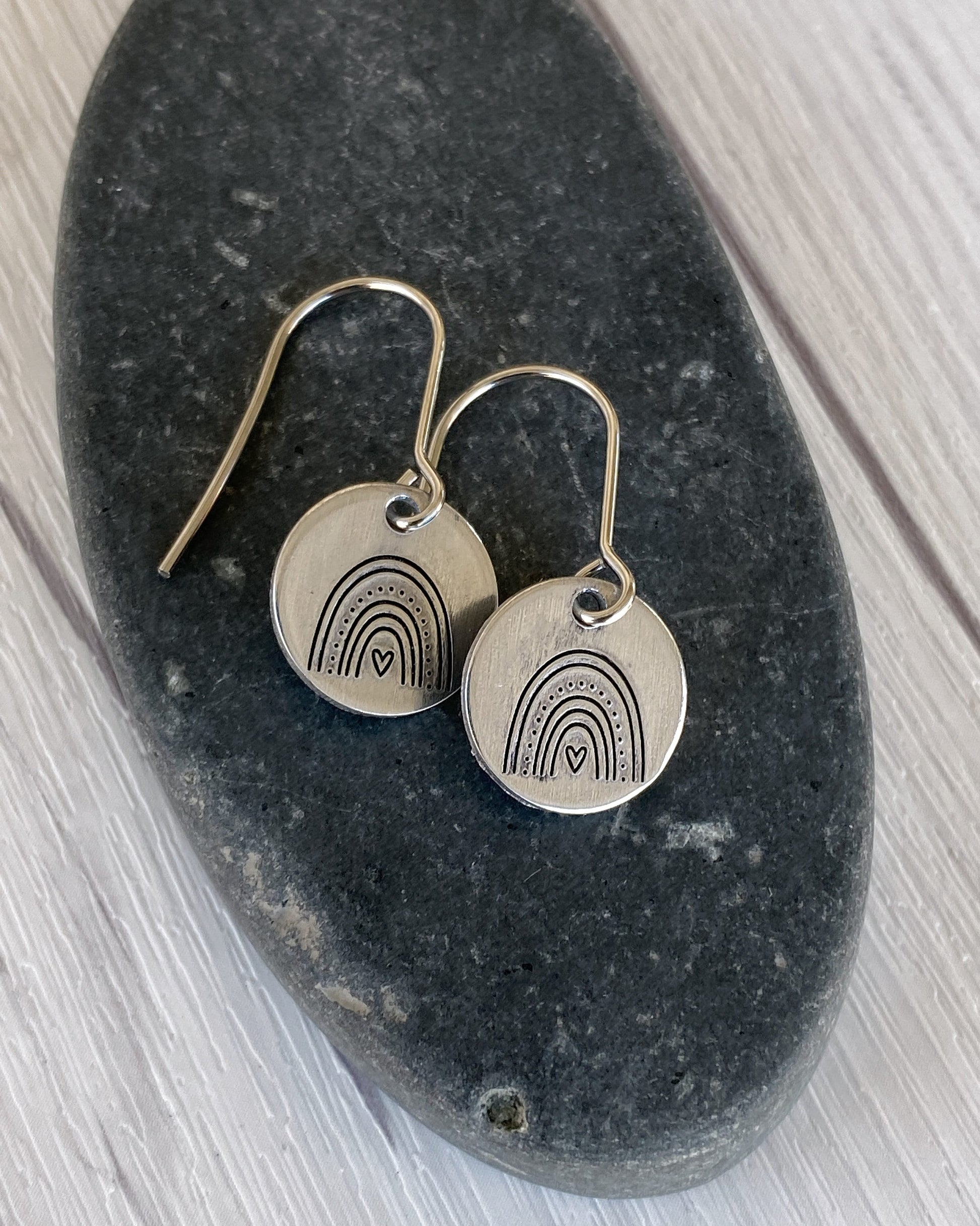 Ellie B's Creations - Silver Round Rainbow Earrings - Hand Stamped Rainbow Earrings - Rainbow Textured Earrings - Rainbow Jewelry