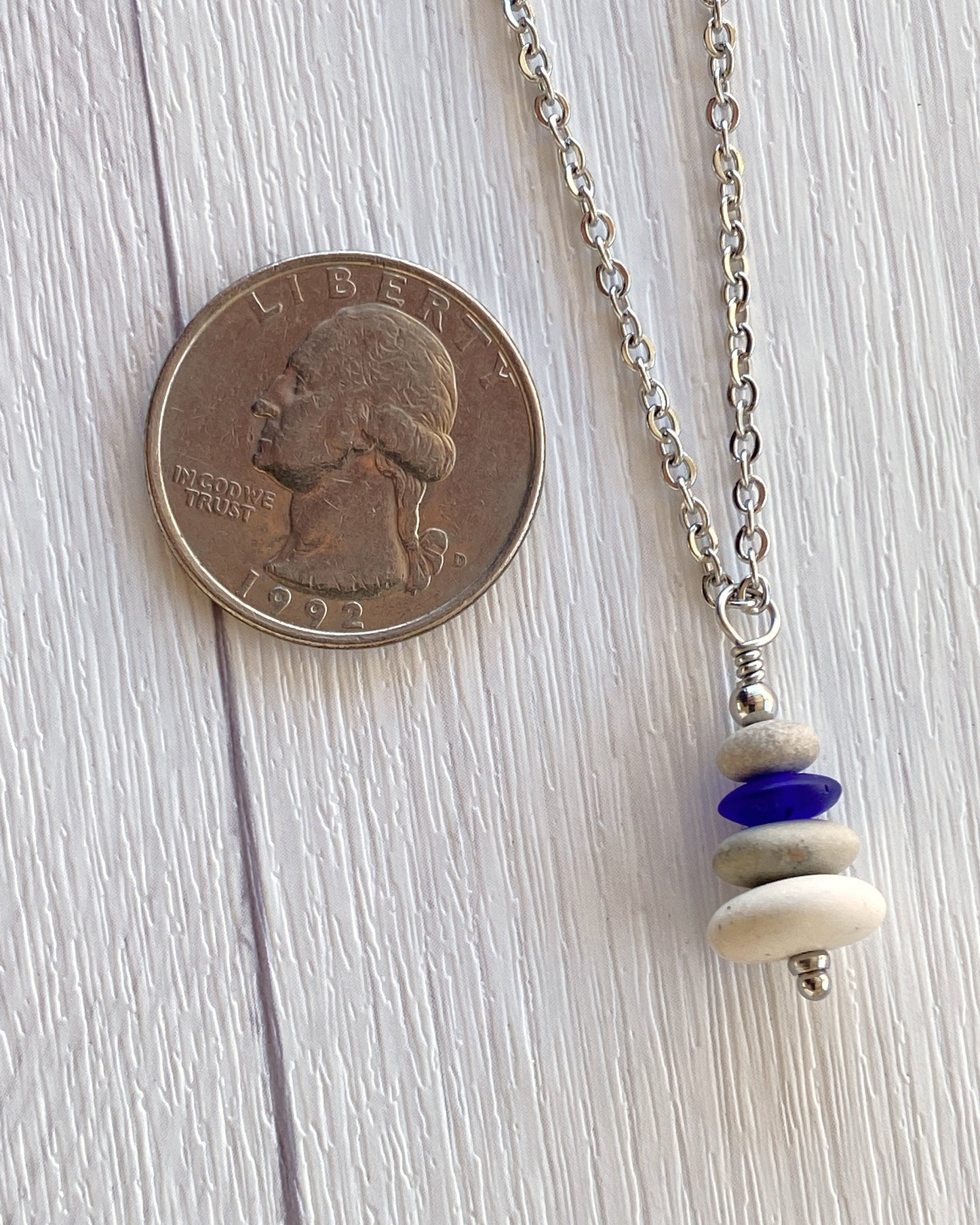 4 Stone Beige & Blue Flat Pebble Cairn Necklace - Blue Glass Pebble Necklace - Stainless Steel Beach Stone Necklace - Stacked Rock Necklace