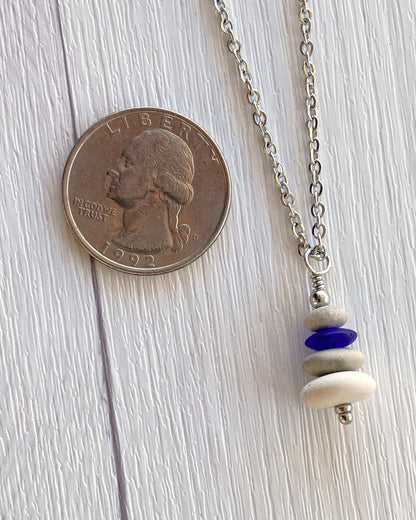 4 Stone Beige & Blue Flat Pebble Cairn Necklace - Blue Glass Pebble Necklace - Stainless Steel Beach Stone Necklace - Stacked Rock Necklace