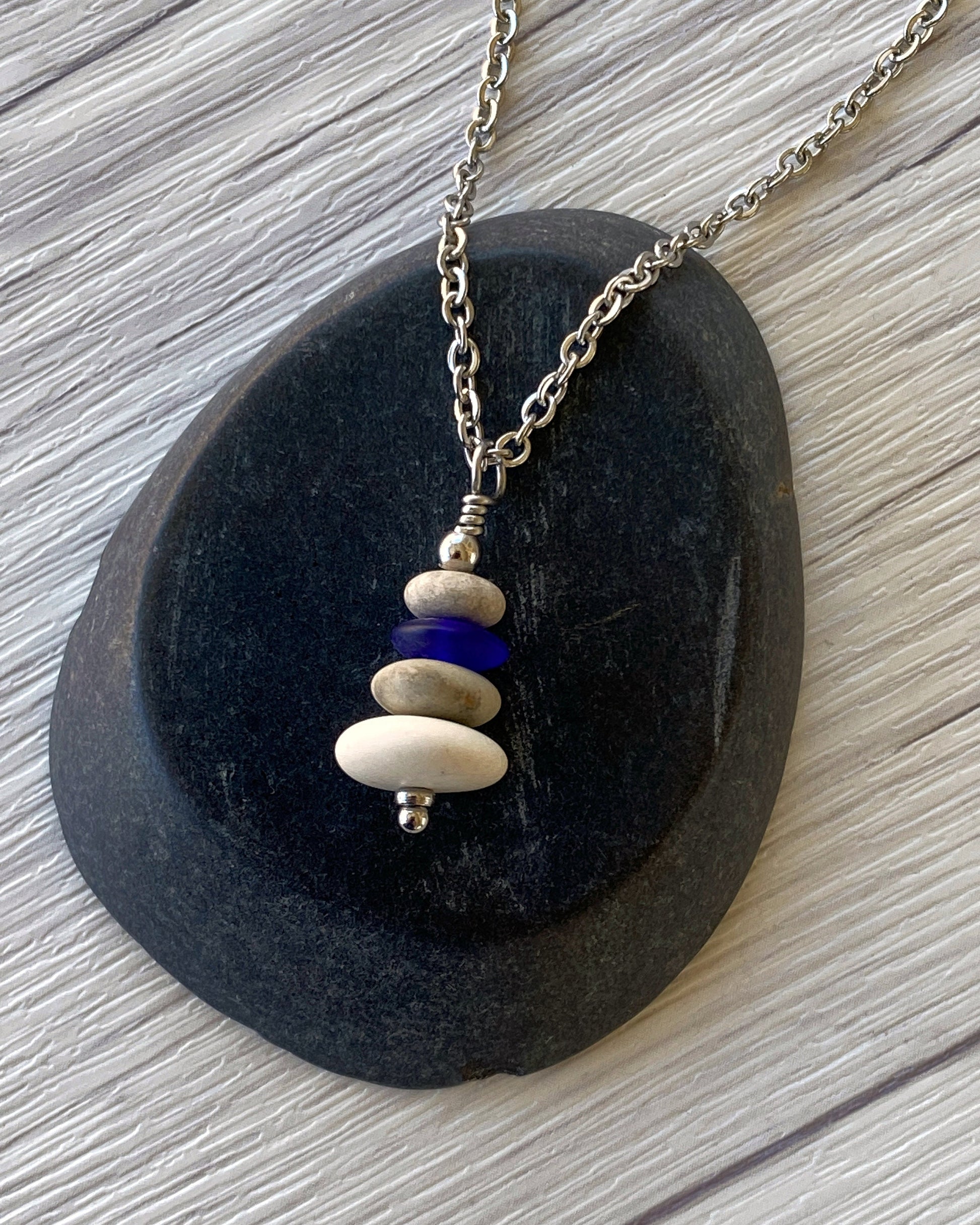 4 Stone Beige & Blue Flat Pebble Cairn Necklace - Blue Glass Pebble Necklace - Stainless Steel Beach Stone Necklace - Stacked Rock Necklace