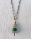 4 Stone Beige & Green Flat Pebble Cairn Necklace - Green Glass Pebble Necklace - Stainless Steel Beach Stone Necklace -Stacked Rock Necklace