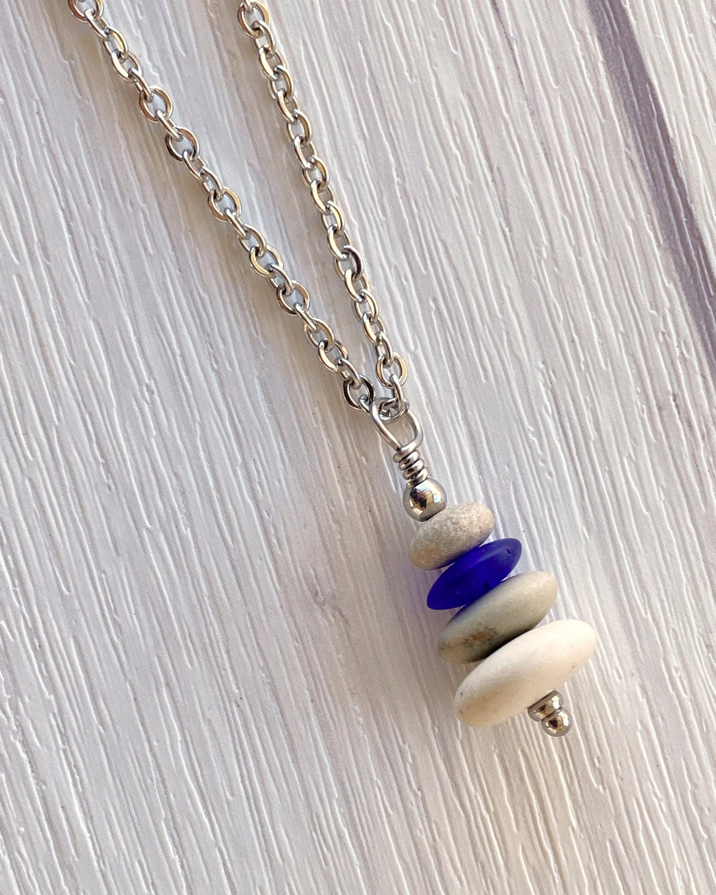 4 Stone Beige & Blue Flat Pebble Cairn Necklace - Blue Glass Pebble Necklace - Stainless Steel Beach Stone Necklace - Stacked Rock Necklace