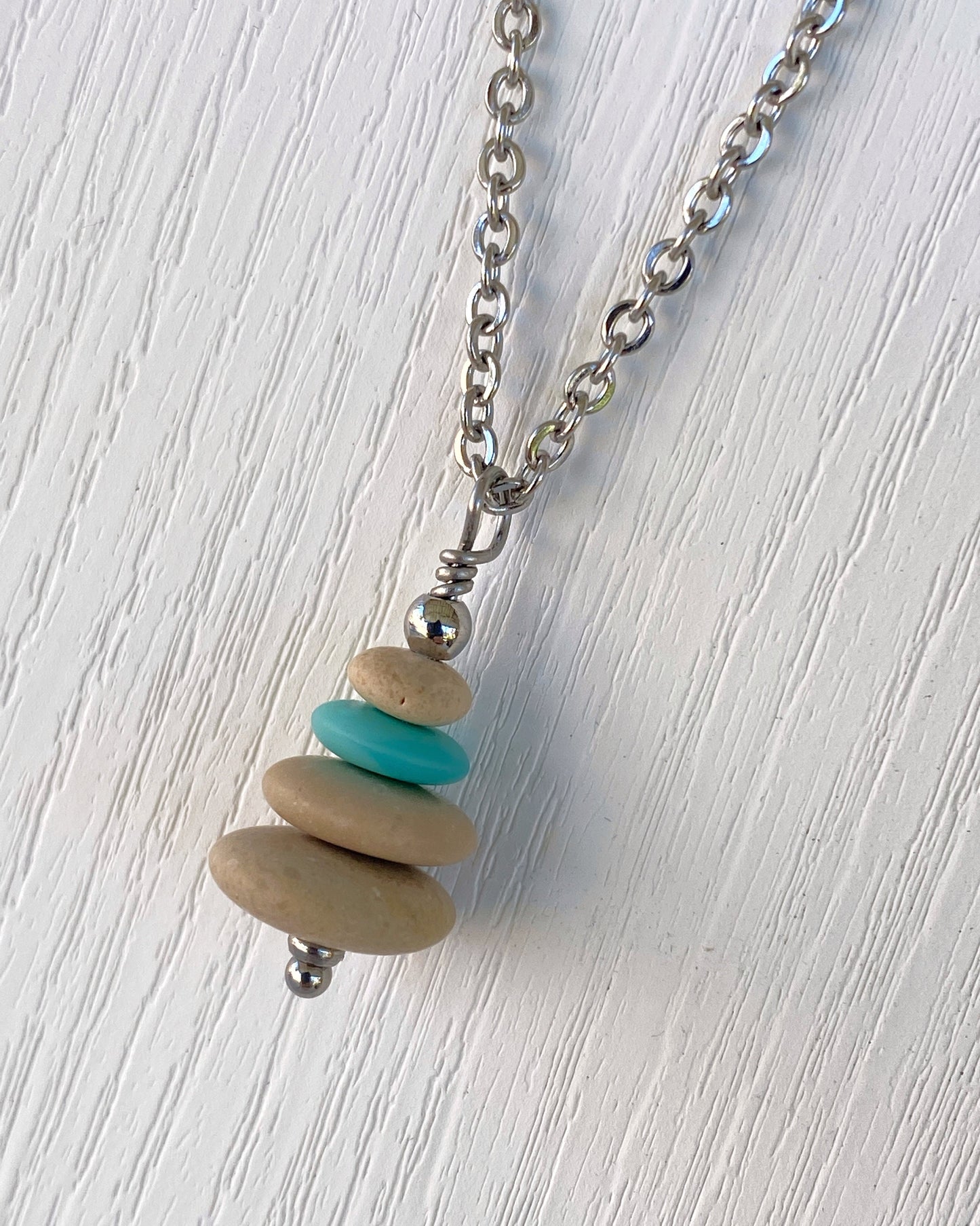 4 Stone Turquoise & Beige Flat Pebble Cairn Necklace - Aqua Glass Necklace - Stainless Steel Beach Stone Necklace - Stacked Rock Necklace