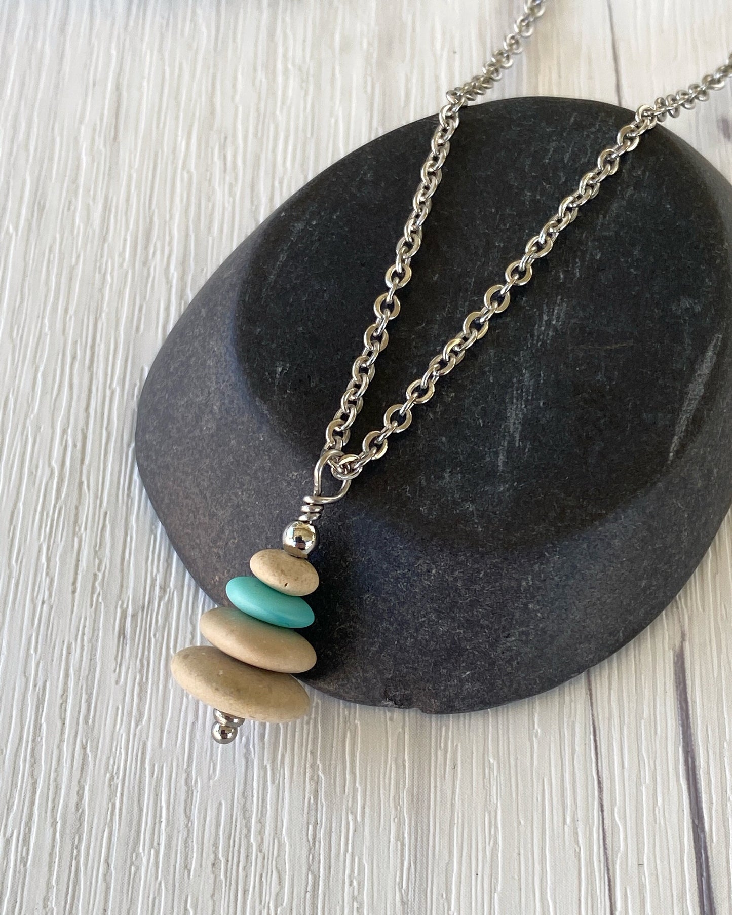4 Stone Turquoise & Beige Flat Pebble Cairn Necklace - Aqua Glass Necklace - Stainless Steel Beach Stone Necklace - Stacked Rock Necklace
