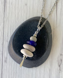 4 Stone Rustic Glass & Beige Stone Large Cairn Necklace - Stainless Steel Beach Stone Necklace - Cairn Pendant - Stacked Rock Necklace