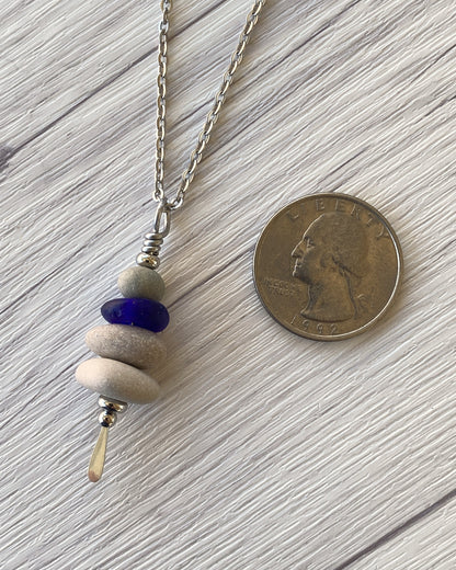 4 Stone Rustic Glass & Beige Stone Large Cairn Necklace - Stainless Steel Beach Stone Necklace - Cairn Pendant - Stacked Rock Necklace