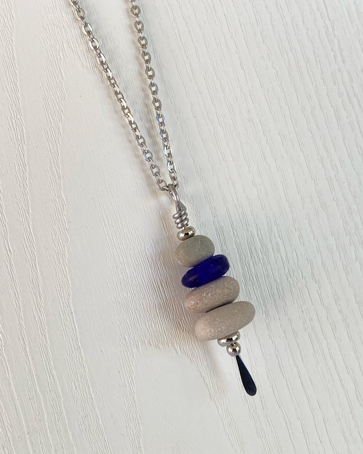 4 Stone Rustic Glass & Beige Stone Large Cairn Necklace - Stainless Steel Beach Stone Necklace - Cairn Pendant - Stacked Rock Necklace