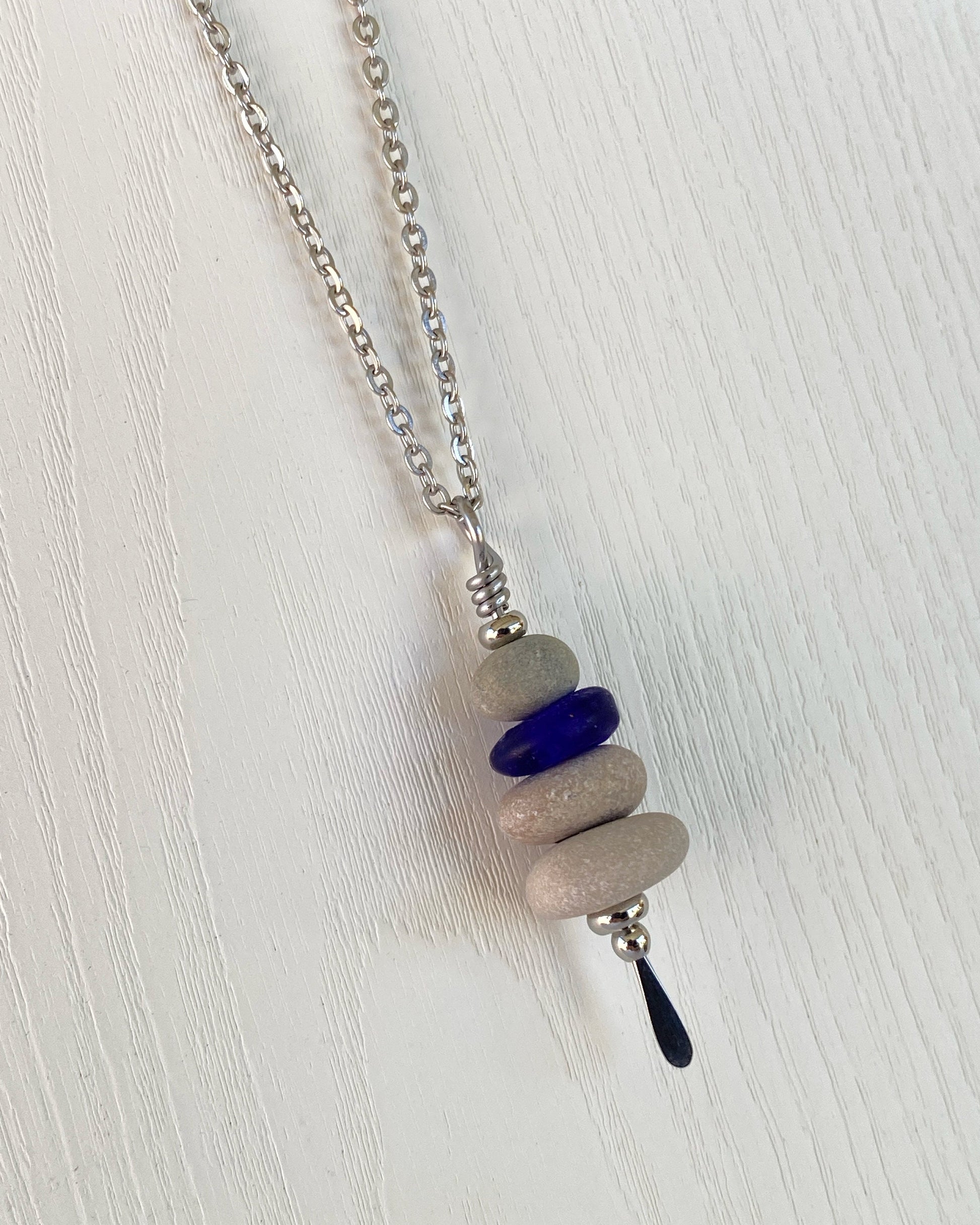 4 Stone Rustic Glass & Beige Stone Large Cairn Necklace - Stainless Steel Beach Stone Necklace - Cairn Pendant - Stacked Rock Necklace