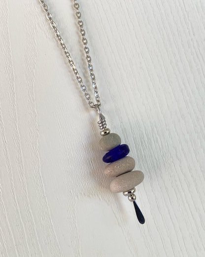 4 Stone Rustic Glass & Beige Stone Large Cairn Necklace - Stainless Steel Beach Stone Necklace - Cairn Pendant - Stacked Rock Necklace